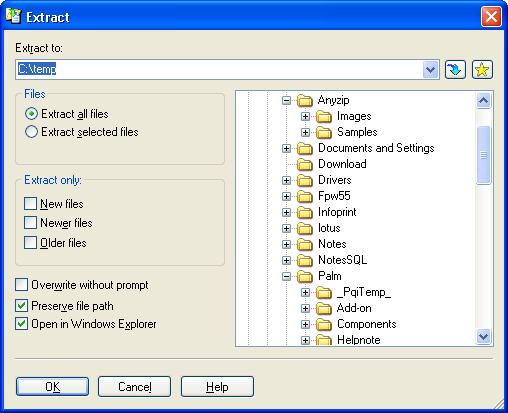 Extract File Dialog of AnyZip Archiver