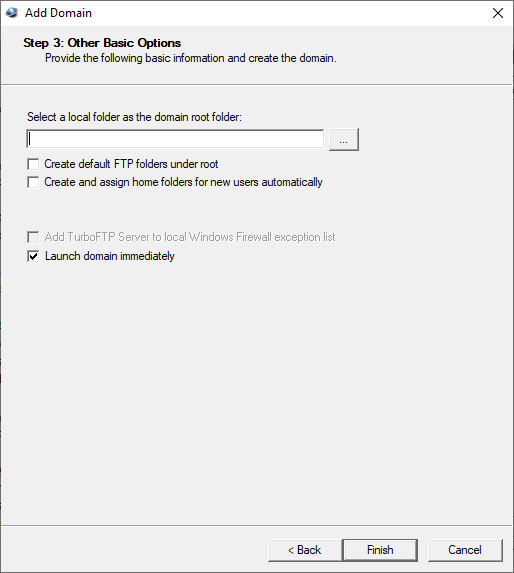 Add FTP/SFTP domain wizard: domain root
folder