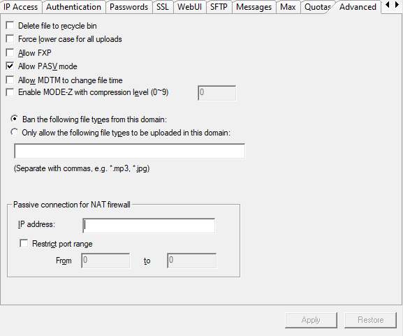 secure FTP server domain advanced
settings