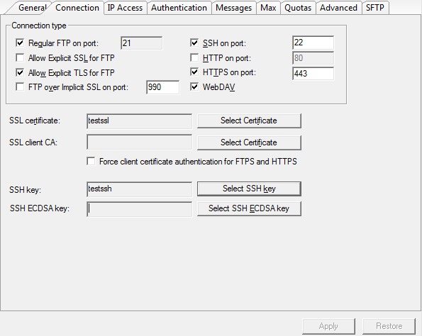 MFT server service types and
ports