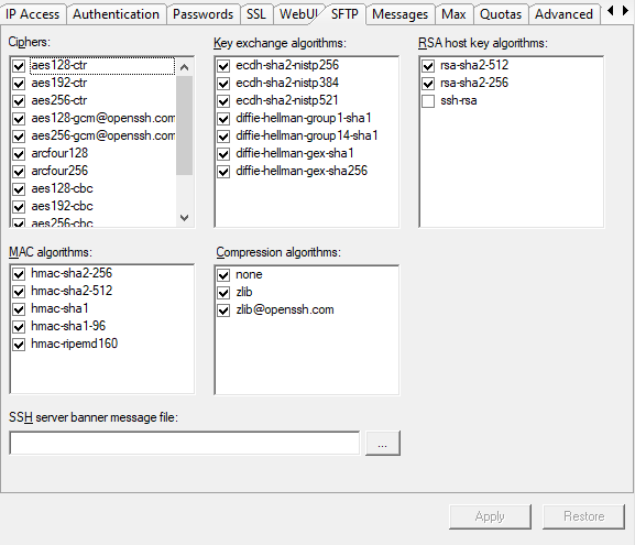 SFTP server algorithms setup