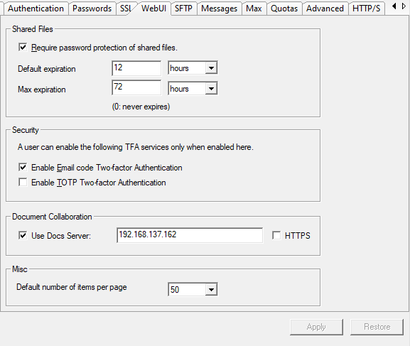 Domain WebUI settings