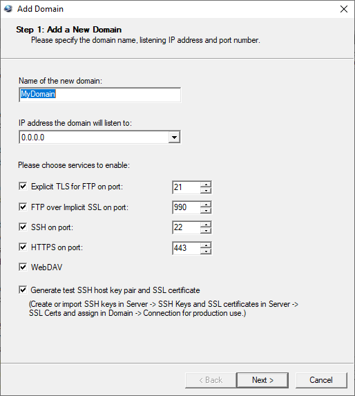 Add a domain in MFT server: name, ports,
services