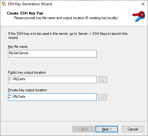 SSH key generation: name and path