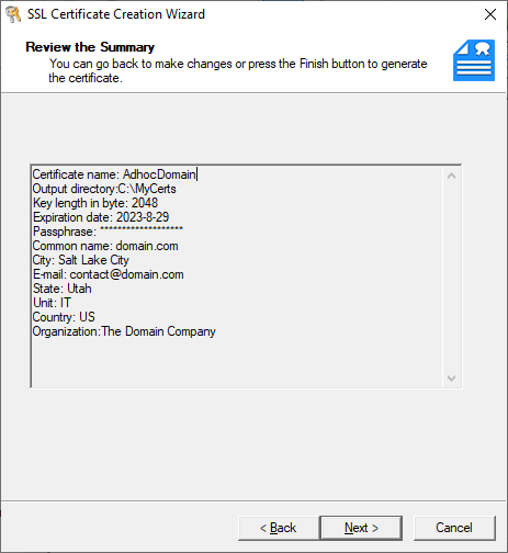 SSL certificate creation: review summary