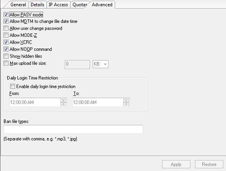 SFTP user advanced settings